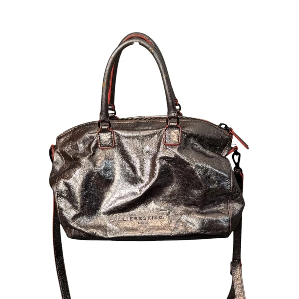 Liebeskind Berlin Metallic Bronze Leather Satchel Bag Neon Orange Trim Crossbody